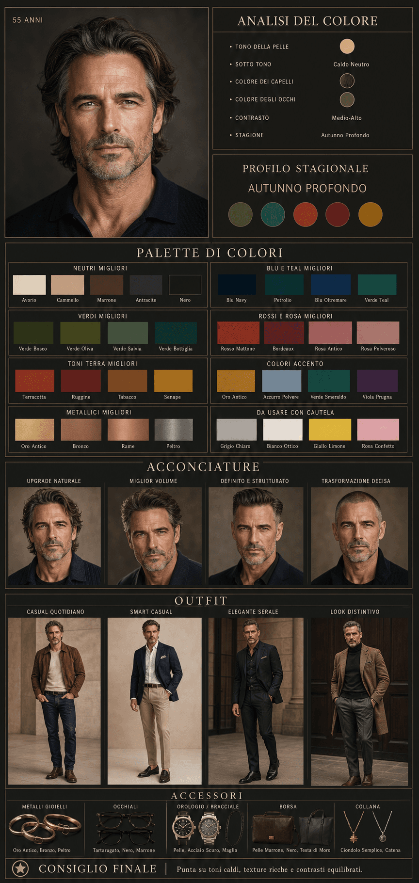 Board di stile maschile: analisi del colore, palette, acconciature e outfit